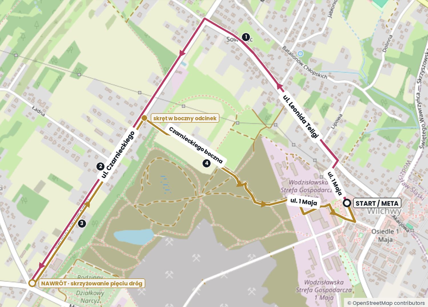 Mapa trasy biegu: trasa ulicami Teligi i Czarnieckiego ze startem i metą przy ulicy 1 Maja, nawrotem na skrzyżowaniu pięciu dróg i odcinkiem po terenach pokopalnianych